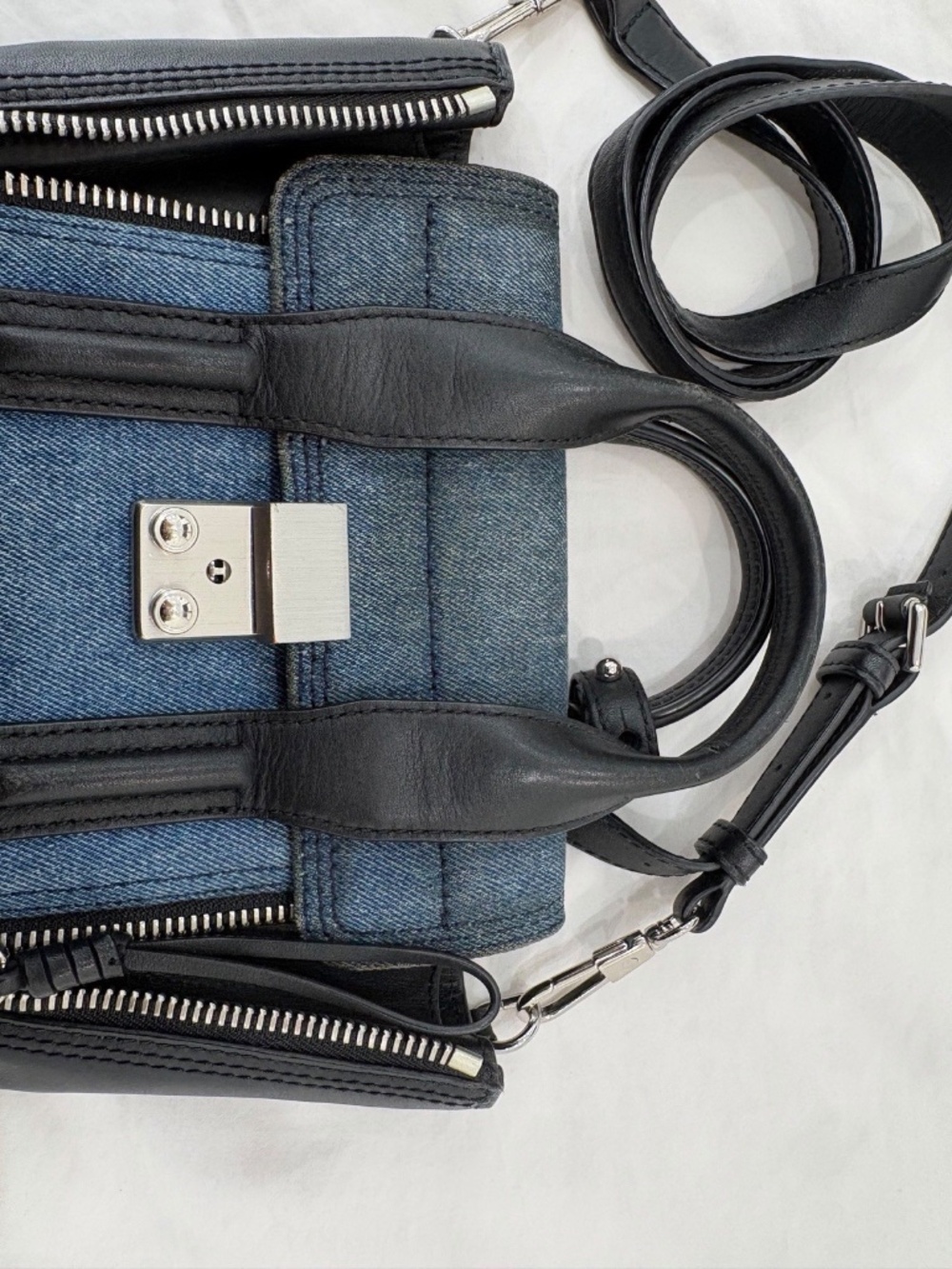 3.1 Phillip Lim Pashli Denim/Black Leather Satchel Top Handle Detachable Strap - Picture 5 of 10